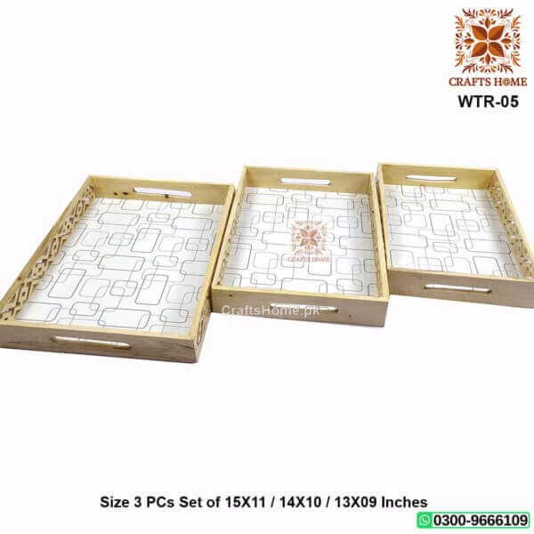 Wooden Jali Tray Set White 3 Pcs Set