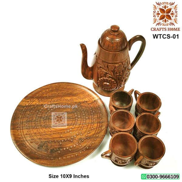 Wooden Tea Pot with 6 Cups Set - Beautiful Hand Carved