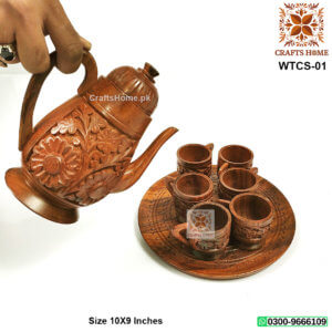 Wooden Tea Pot with 6 Cups Set - Beautiful Hand Carved