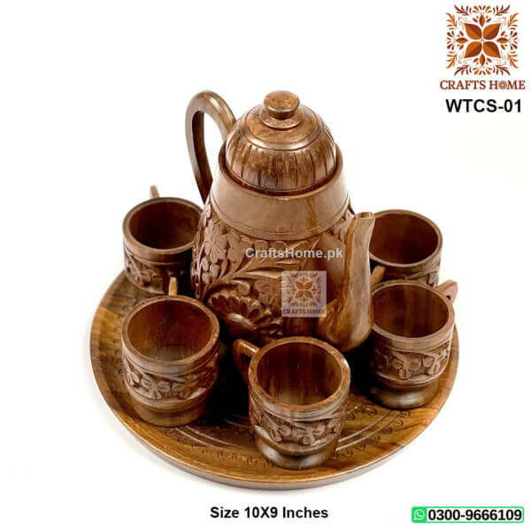 Wooden Tea Pot with 6 Cups Set - Beautiful Hand Carved