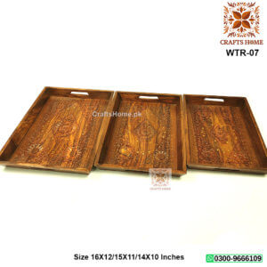 Wooden Tray Set Carving Brass work 3 pcs