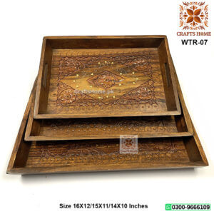 Wooden Tray Set Carving Brass work 3 pcs