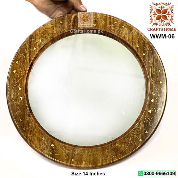 Wooden Wall Hanging Mirror Round - Beautiful Brass Work