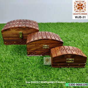 Wooden Jewelry Box 3 Pcs Set - Antique Brass with Cut Work