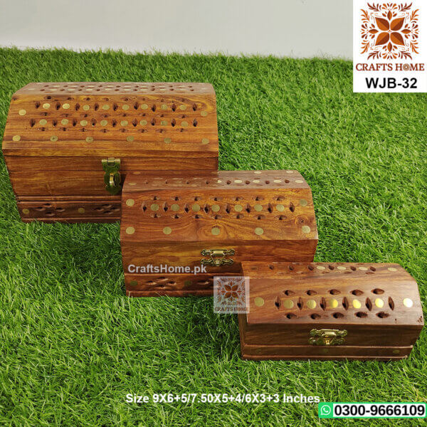 Wooden Jewelry Box 3 Pcs Set - Brass Work Made by Hand