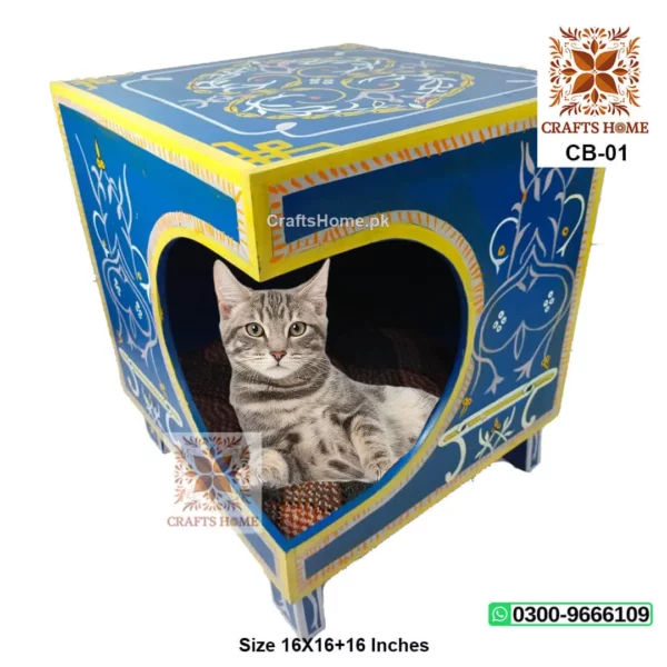 Box For Cat in Wooden Handmade Painted - Blue