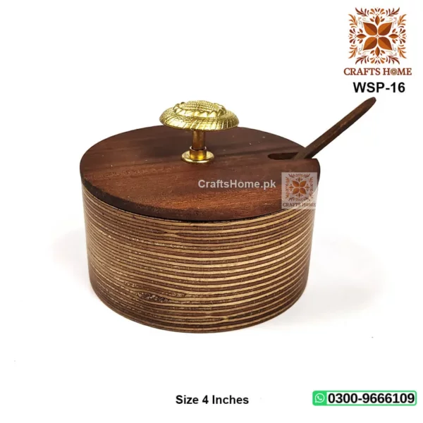Wooden Sugar Pot Round With Spoon - Brown