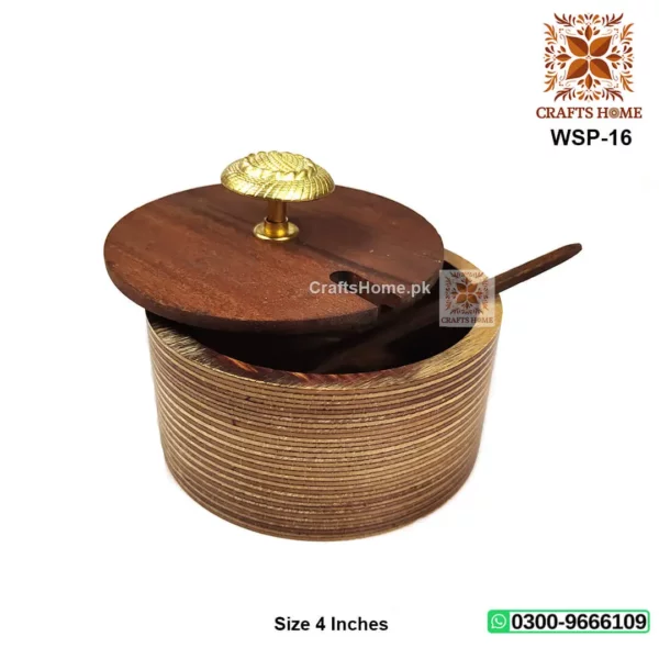 Wooden Sugar Pot Round With Spoon - Brown